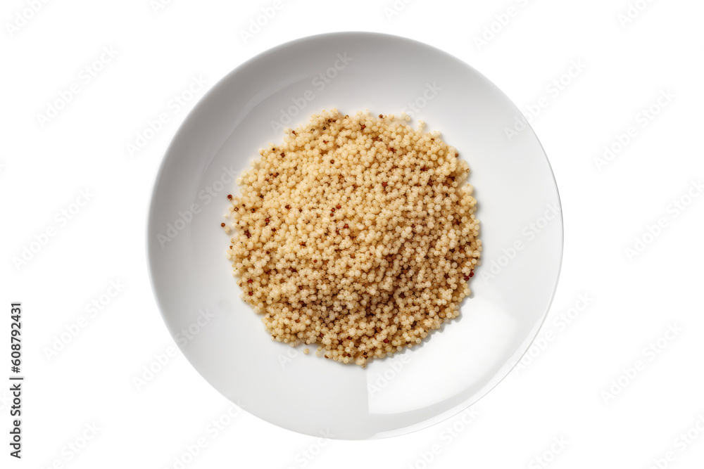 Steamed Quinoa On White Plate, Isolated On Transparent Background, Png. Generative AI Steamed Quinoa On White Plate, Isolated On Transparent Background, Png. Generative AI