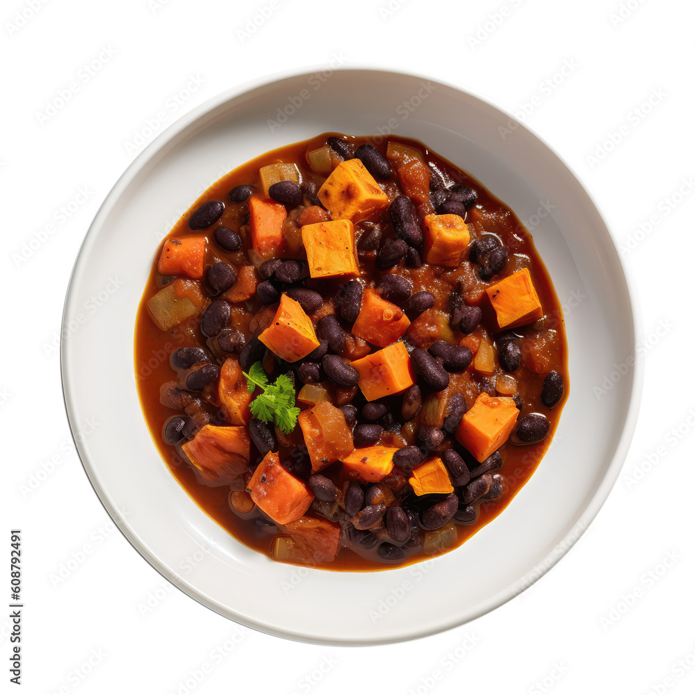 Yam And Black Bean Chili On White Plate, Isolated On Transparent Background, Png. Generative AI Yam And Black Bean Chili On White Plate, Isolated On Transparent Background, Png. Generative AI