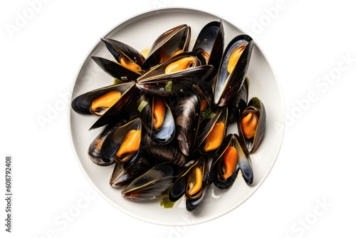 Steamed Mussels On White Plate, Isolated On Transparent Background, Png. Generative AI