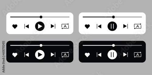 Music player play pause forward backward user interface (ui) design background. Light and dark color theme