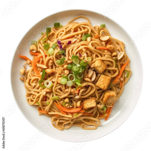 Tofu And Peanut Noodles On White Plate, Isolated On Transparent Background, Png. Generative AI
