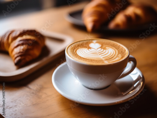 cup of cappuccino coffee with croissants on wooden table