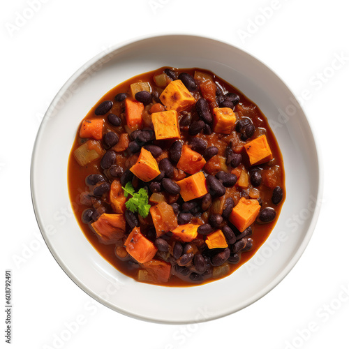 Yam And Black Bean Chili On White Plate, Isolated On Transparent Background, Png. Generative AI