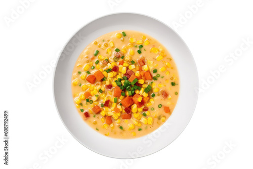 Yam And Corn Chowder On White Plate, Isolated On Transparent Background, Png. Generative AI