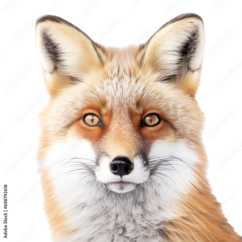 a Beautiful Red Fox Portrait, sly and crafty, fluffy, Wildlife-themed, photorealistic illustrations in a PNG, cutout, and isolated. Generative AI