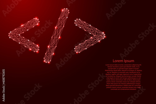 Web coding development concept, angle brackets and slash, from futuristic polygonal red lines and glowing stars. Low poly concept. Vector illustration.
