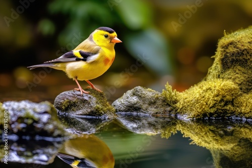 Small yellow male lugano goldfinch sitting on rock near moss. Generative AI