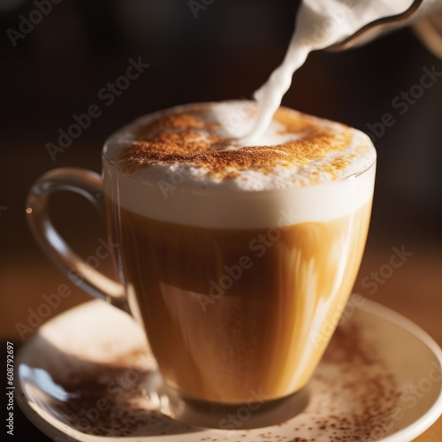 Coffee in  cup on wooden table in cafe with lighting background.