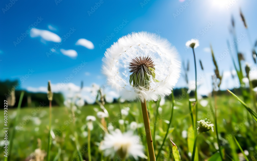 Dandelion flower with white seeds, ready to blow in the wind. Shallow field of view, illustrative generative AI.