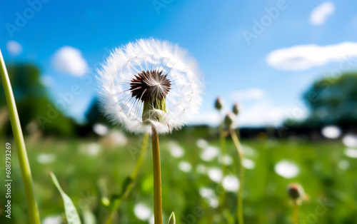 Dandelion flower with white seeds  ready to blow in the wind. Shallow field of view  illustrative generative AI.