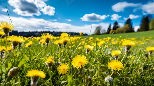 Yellow Dandelions on a green grass field. Closeup of yellow spring flowers on the ground. Shallow field of view  illustrative generative AI.