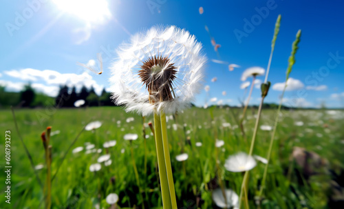 Dandelion flower with white seeds  ready to blow in the wind. Shallow field of view  illustrative generative AI.