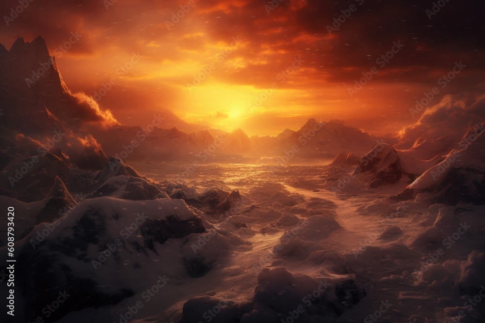 Fantastic winter landscape. Dramatic sunset over snowy mountains. Generated AI