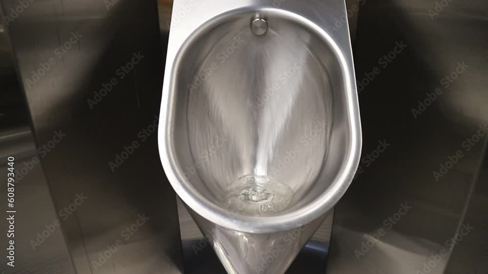 Sanitary metal urinal, toilet bowl in public bathroom with hygienic automatic water saving electronic flush. Urinal with urine sensor. Inductive flush toilet. WC Sanitary metal urinal, toilet bowl in public bathroom with hygienic automatic water saving electronic flush. Urinal with urine sensor. Inductive flush toilet. WC