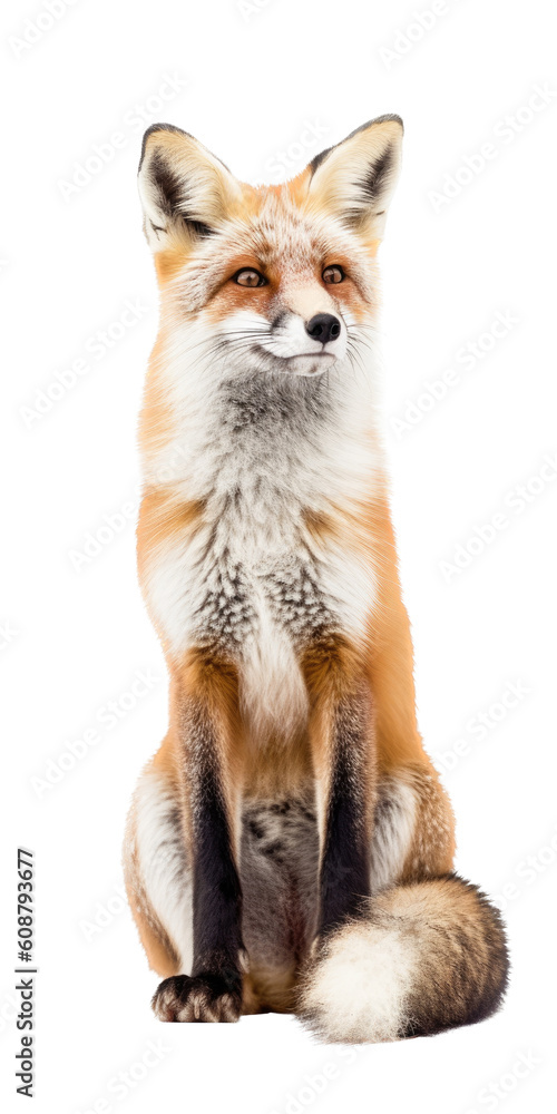 a beautiful Red Fox, full body sitting, Vertical format, piercing gaze, wild beauty,  Wildlife-themed, photorealistic illustrations in a PNG, cutout, and isolated. Generative AI