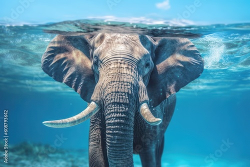Swimming African Elephant Underwater. Big elephant in ocean. Generative AI