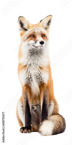 a beautiful Red Fox, full body sitting, Vertical format, piercing gaze, wild beauty,  Wildlife-themed, photorealistic illustrations in a PNG, cutout, and isolated. Generative AI © Purple Penguin GFX