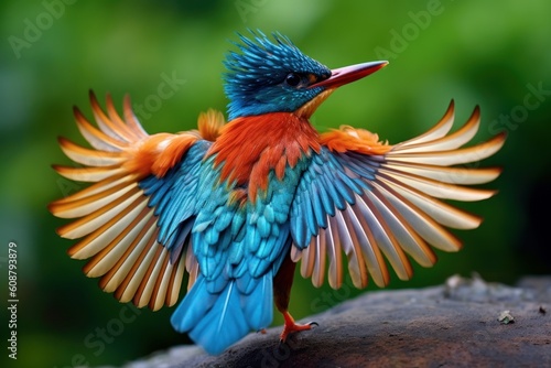 Common kingfisher (Alcedo atthis) in wetlands. Colored birds. Generative AI