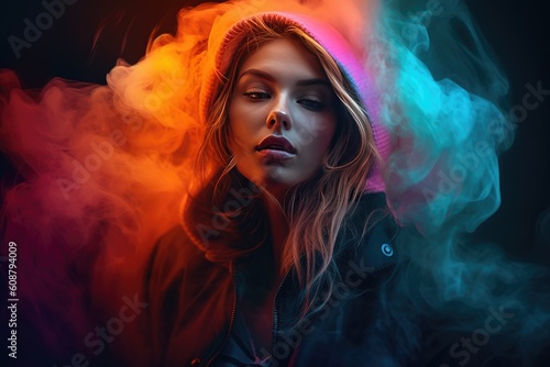 Portrait of a beautiful young woman with bright make-up and smoke in her hair. Generated AI