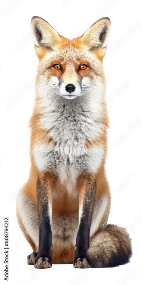 Obraz premium a beautiful Red Fox, full body sitting, Vertical format, piercing gaze, wild beauty, Wildlife-themed, photorealistic illustrations in a PNG, cutout, and isolated. Generative AI
