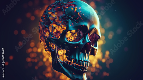 illustration. the skull is black, matte, technological, neon light photo