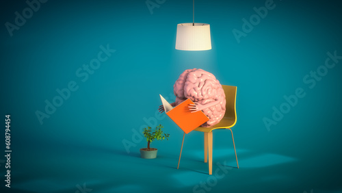 3D Render of Human Brain Reading Book