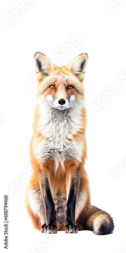 a beautiful Red Fox, full body sitting, Vertical format, piercing gaze, wild beauty, Wildlife-themed, photorealistic illustrations in a PNG, cutout, and isolated. Generative AI