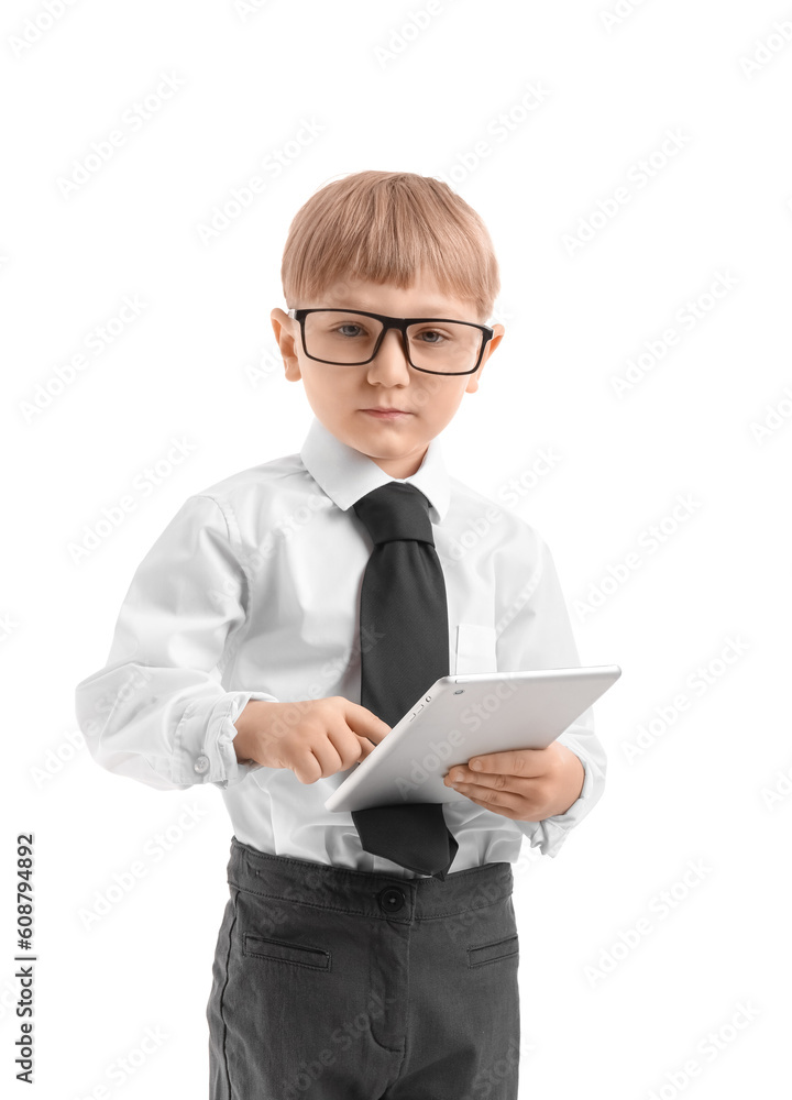 Funny little businessman using tablet computer on white background Funny little businessman using tablet computer on white background