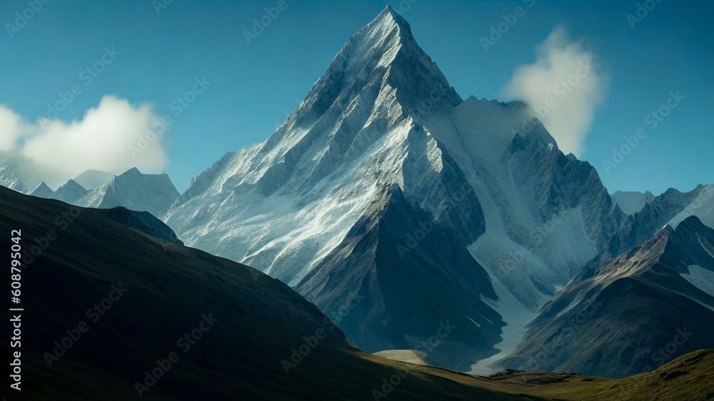 Beautiful shots of a mountainous landscape, showcasing the grandeur of the peak. 8k, Uhd, full hd, realistic  realistic, hyper realistic, 8k, UHD, front side, full view, front view. Generative Ai
