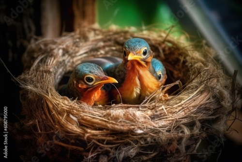 Three hungry baby Robins in a nest wanting the mother bird. Generative AI