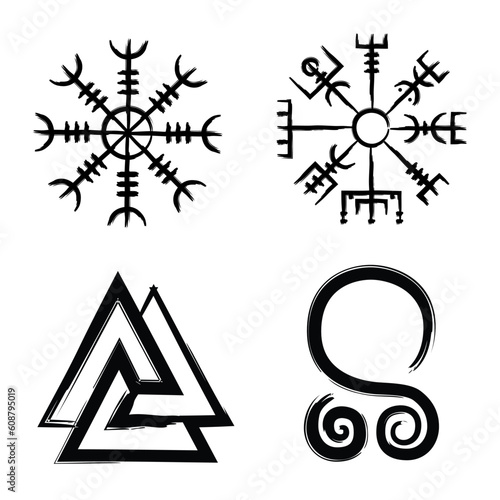 Hand drawn norse symbols like Aegishjalmur, Vegvisir, Valknut and Troll cross.