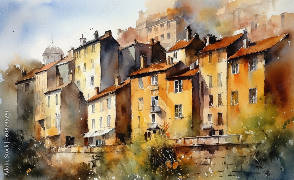 french houses watercolour Generative AI