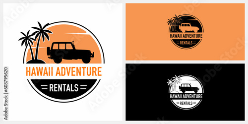 Vintage Hawaii Adventure Rental Car Tour Guide Stamp Logo Design Inspiration. Vector EPS 10.