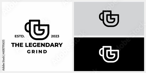 The Legendary Grind Letter LG GL with Cup Continuous Line Logo design. Icon Symbols Vector EPS 10.