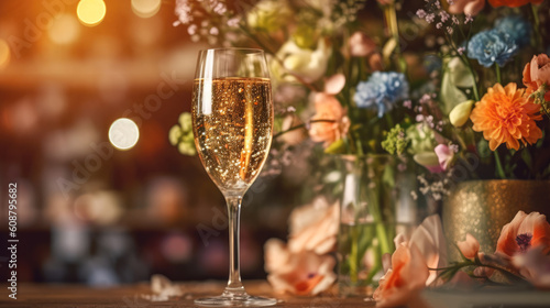 Close-up of full champagne glass in a studio setting with epic wild flowers