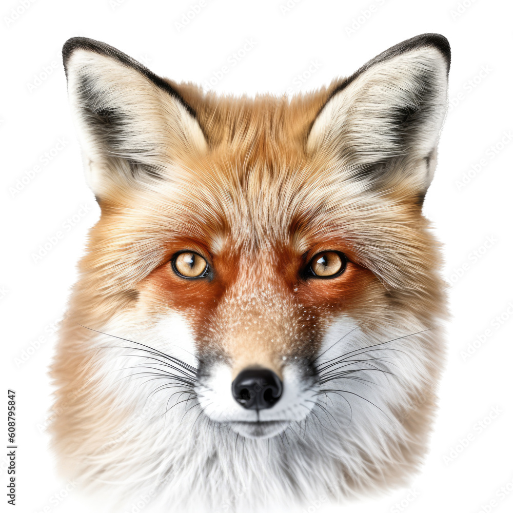 Fototapeta premium a Beautiful Red Fox Portrait, sly and crafty, fluffy, Wildlife-themed, photorealistic illustrations in a PNG, cutout, and isolated. Generative AI