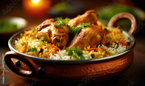 Chicken biryani Spicy Indian Malabar biryani Hyderabadi biryani, Dum Biriyani pulao golden bowl photo