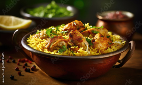 Chicken biryani Spicy Indian Malabar biryani Hyderabadi biryani, Dum Biriyani pulao golden bowl