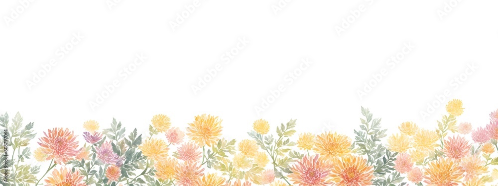 Watercolor drawing with chrysanthemums and leaves. Mother's Day card. Floral pattern for wallpaper or fabric. Templates for design, botanical illustration in watercolor style. Generative AI