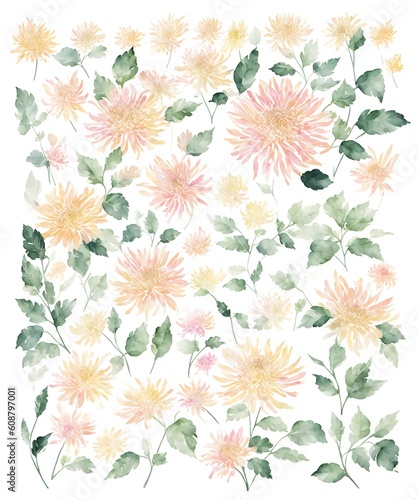 Watercolor drawing with chrysanthemums and leaves. Mother's Day card. Floral pattern for wallpaper or fabric. Templates for design, botanical illustration in watercolor style. Generative AI