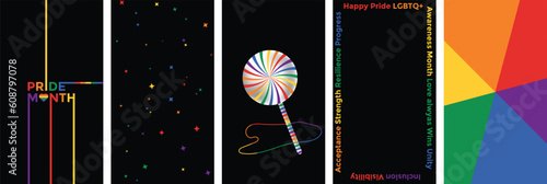 LGBT Pride month story set of 5.Vector Black background.Colorful.Social media promotion,poster,banner cover.Gay pride colors.Lettering,stars,lollipop.