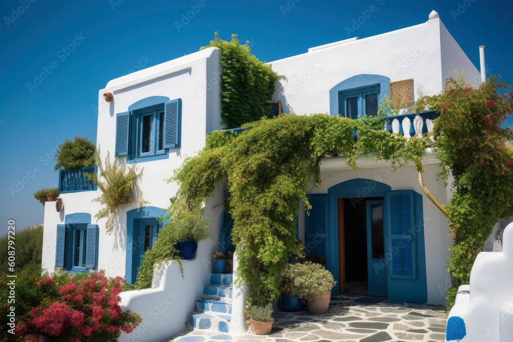Mediterranean style white elegant house exterior with sea view, and blooming plant climbing a wall. Modern europe architecture. Italian villa. Generative AI, human enhanced