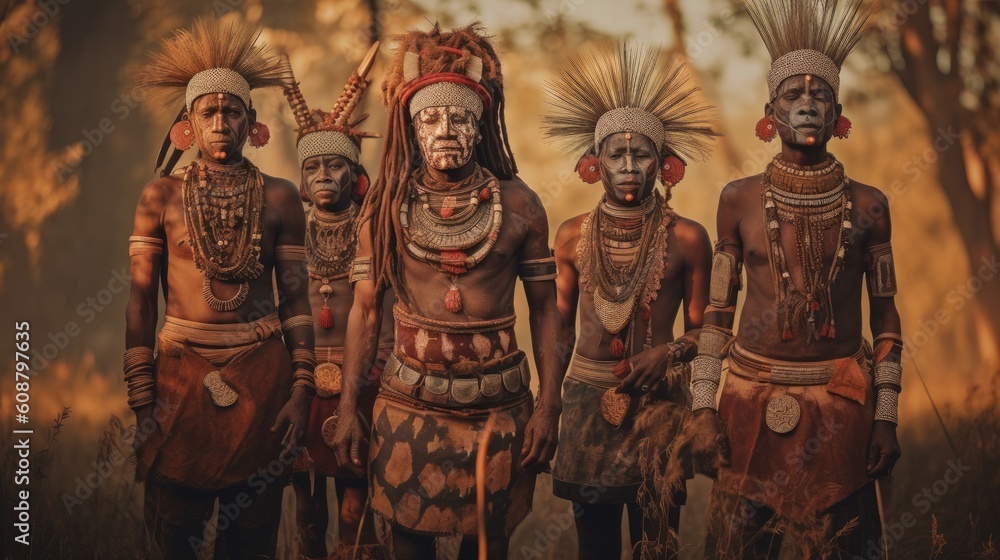 Men of African tribe, natural background. Ai Generative.