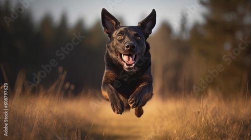 Jumping dog with happy face outdoors. Ai Generative.
