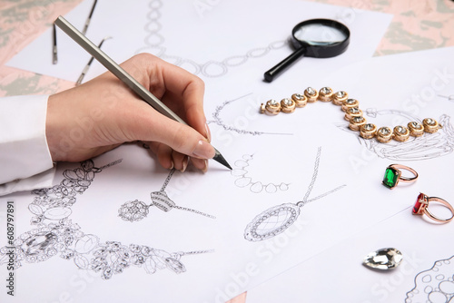 Canvas Print Female jeweler drawing adornment on grunge table, closeup
