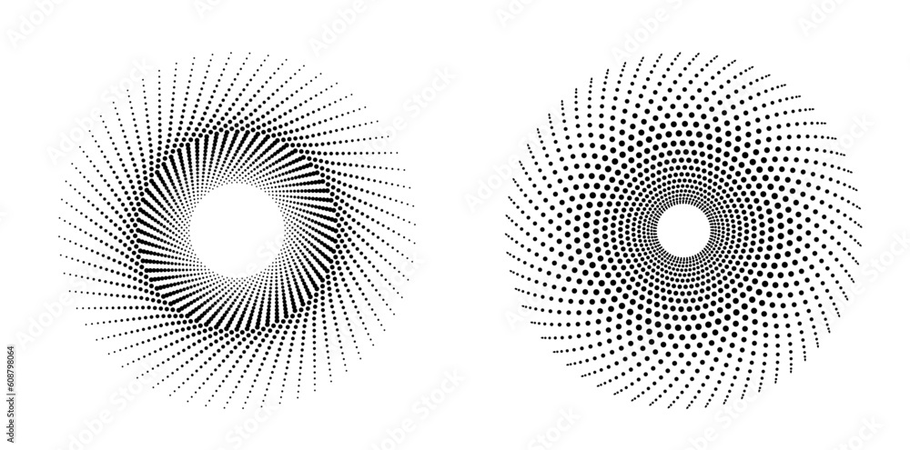 Abstract spiral black dots white design element on white background of twist lines. Vector Illustration eps 10 for elegant business card, print brochure, flyer, banners. Golden ratio traditional logo