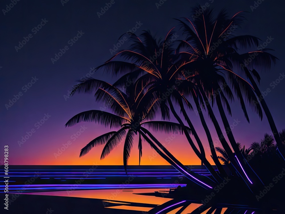 Abstract futuristic sunset lit up with neon beach. ai generative