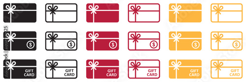 Set of gift card icons. Shopping gift card. Gift voucher, reward. Loyalty card. Vector illustration.