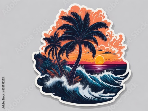a sticker artwork of t-shirt with oceans and palms. ai generative photo