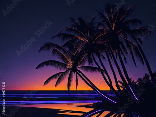 Abstract futuristic sunset lit up with neon beach. ai generative